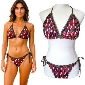 Koral Geometric Ruffle Triangle Halter Bikini Set Medium Red Brown